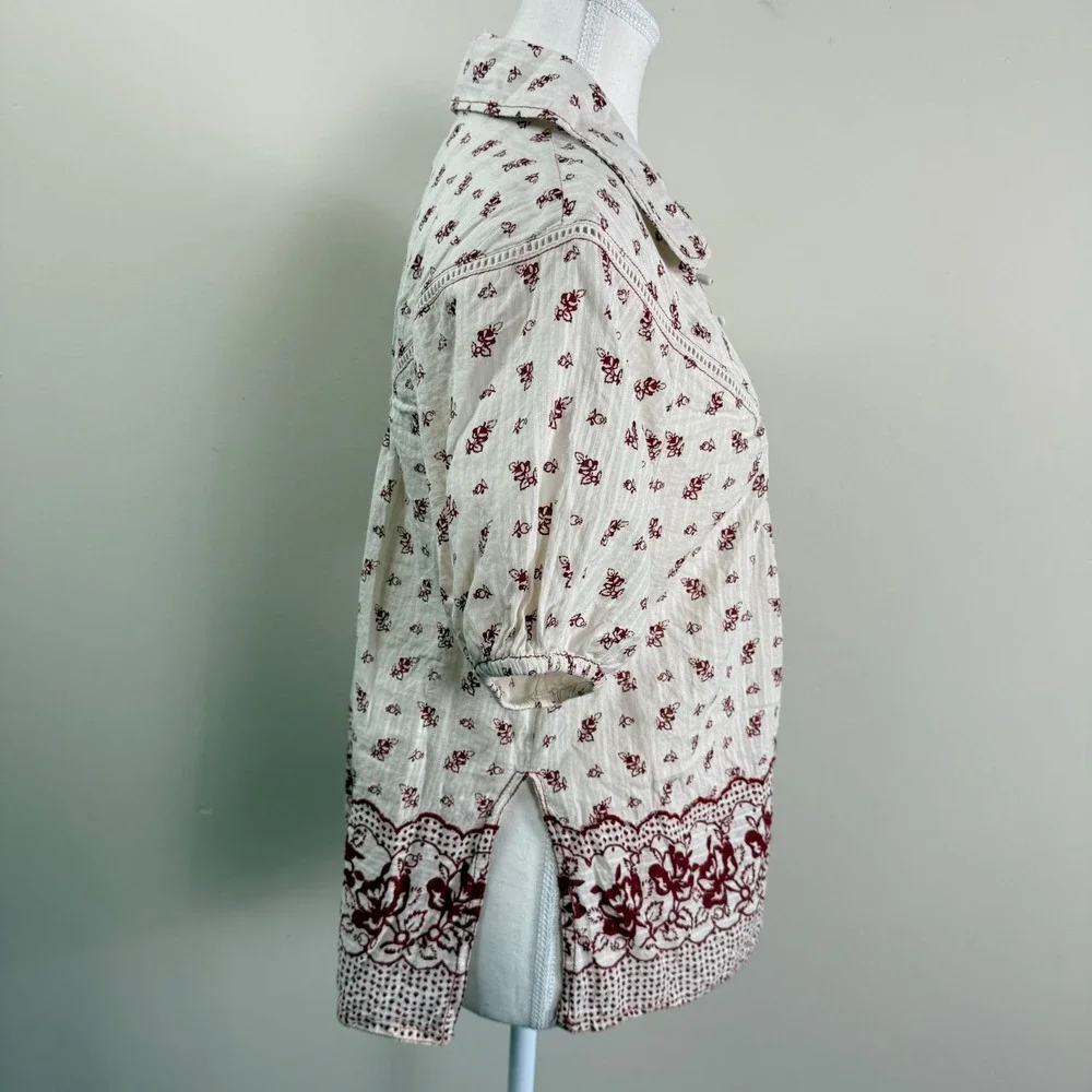 Anthropologie Floral Block Print Boho Blouse Red Cream Lace Trim Puff Sleeve M